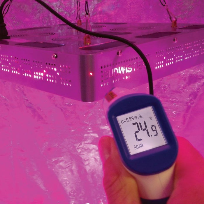 Mini RayTemp Infrared Thermometer  in Grow Tent for LED grow lights and hydroponic setups
