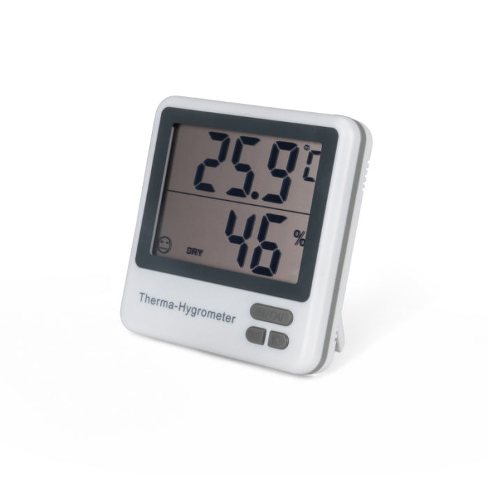 Therma-Hygrometer for monitoring temperature and humidity in hydroponics and indoor gardening, ideal for LED grow light setups.