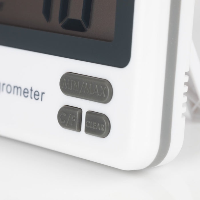 Therma-Hygrometer Zoomed for monitoring temperature and humidity in hydroponics and indoor gardening, ideal for LED grow light setups.